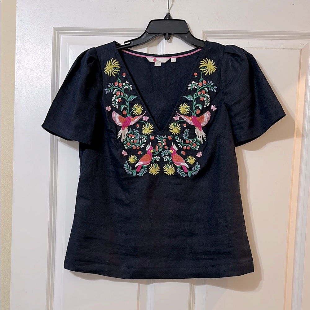 Boden Navy Embroidered V-Neck Blouse with Pink & Yellow Bird Motif
